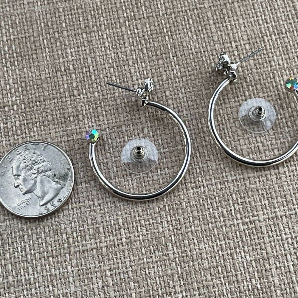 Guess Women Earrings Silver Tone Crystal Bow Hoops Jack Post New - Picture 6 of 11